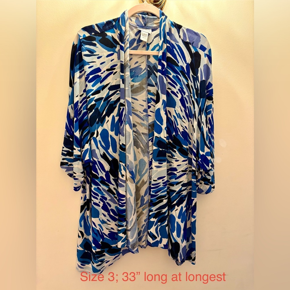 Chico's Blue White Black Print Open Cardigan Topper Size 3